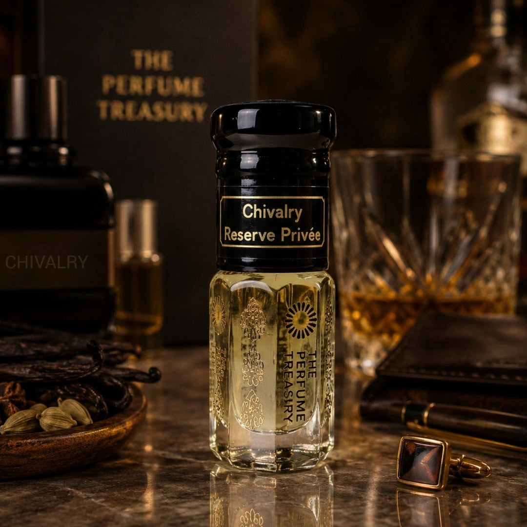 Chivalry Reserve Privée luxury perfume oil by The Perfume Treasury on a reflective surface,  styled in an elegant gentleman-inspired setting with whiskey glass, leather accessories and warm woody fragrance aesthetic. 