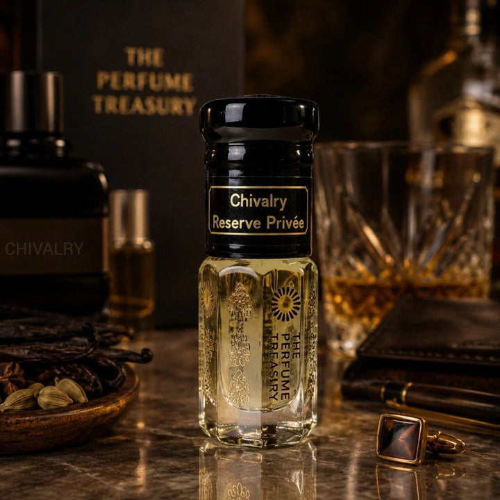 Chivalry Reserve Privée luxury perfume oil by The Perfume Treasury on a reflective surface,  styled in an elegant gentleman-inspired setting with whiskey glass, leather accessories and warm woody fragrance aesthetic. 