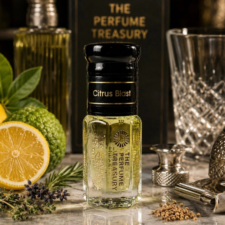 Citrus Blast luxury perfume oil bottle styled with fresh citrus fruits, herbs and aromatic elements in vibrant niche fragrance display.
