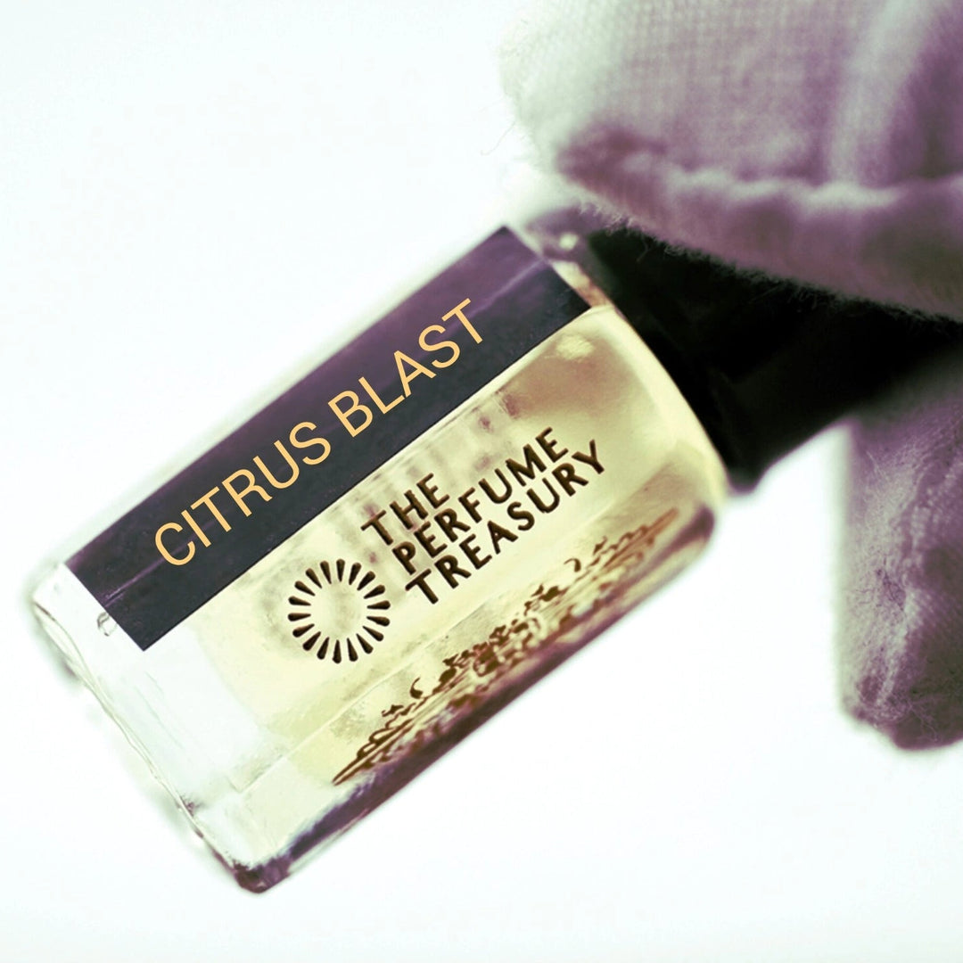 Citrus Blast perfume oil sample vial close-up with bright modern luxury fragrance presentation.