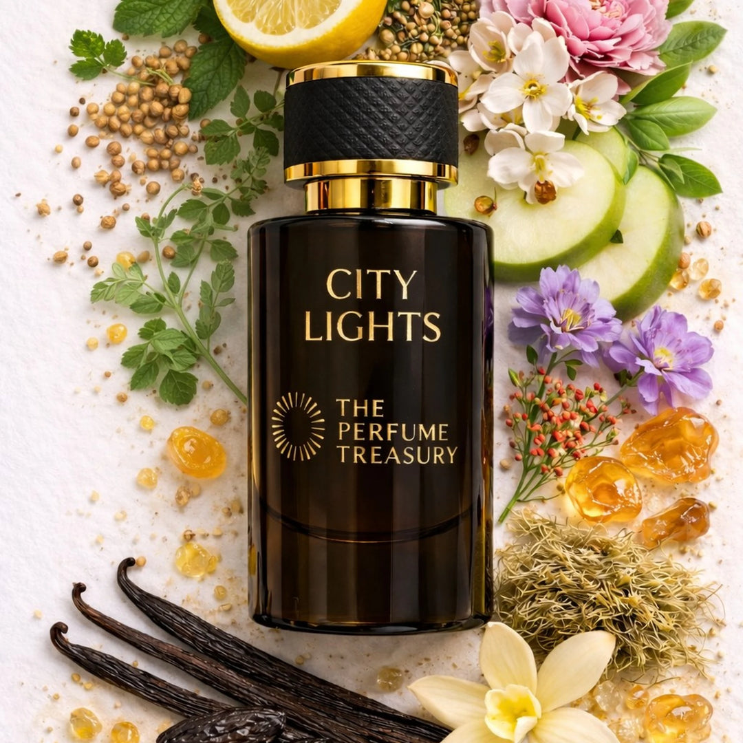 City Lights 50ml parfum spray by The Perfume Treasury surrounded by citrus, florals, vanilla, spices and amber ingredients on light background.