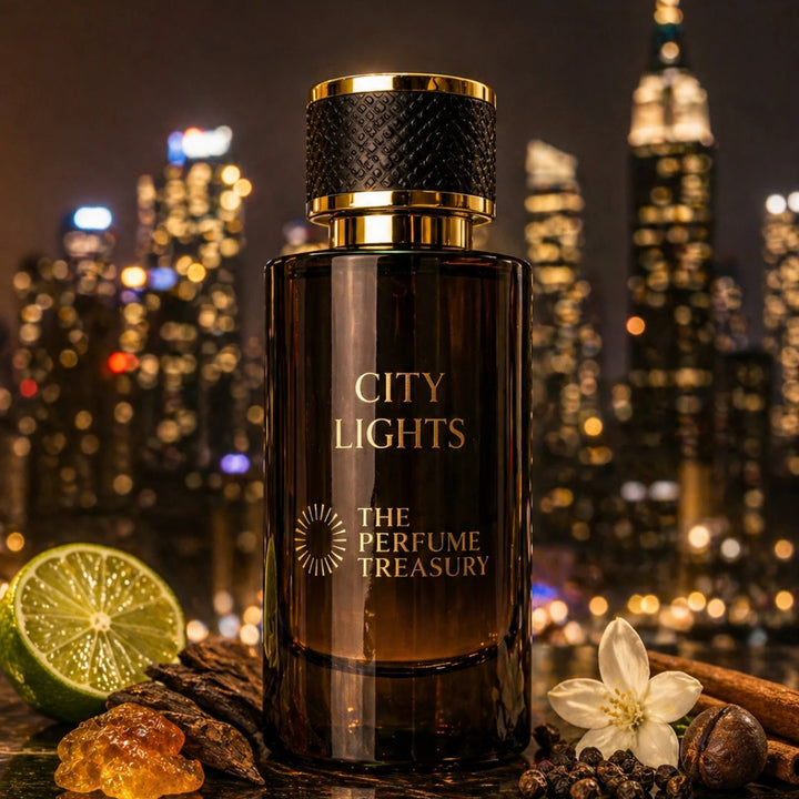 City Lights 50ml parfum spray by The Perfume Treasury, dark amber glass bottle with gold cap against blurred night city skyline with citrus and spice ingredients.