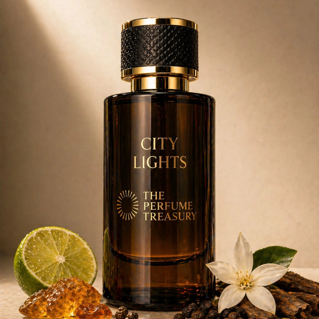 Luxury parfum spray bottle with black and gold cap, City Lights 50ml parfum spray by The Perfume Treasury, dark amber glass bottle with citrus, spice and floral ingredients on warm neutral background.