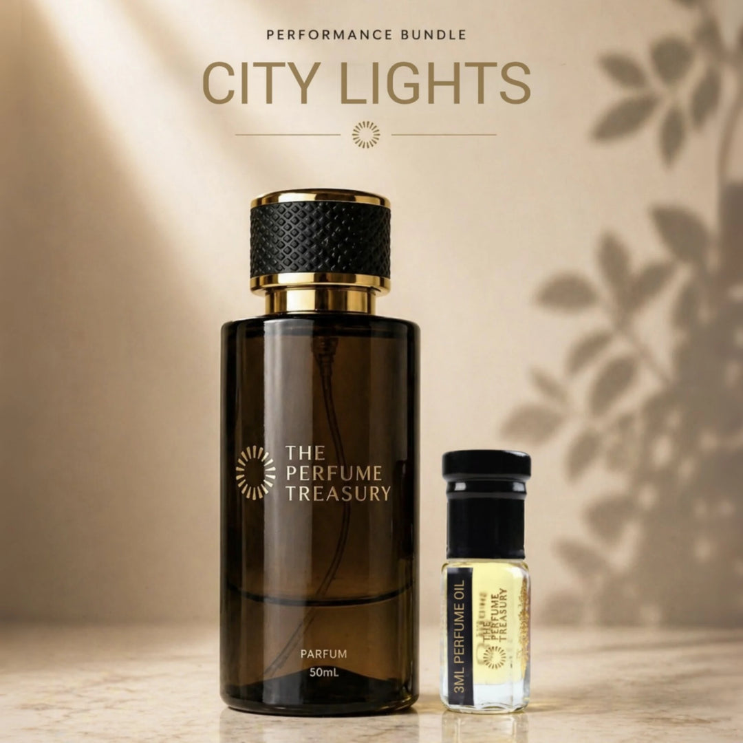City Lights Performance bundle by The Perfume Treasury, 50ml parfum spray with dark amber glass bottle and 3ml attar perfume oil, luxury fragrance duo on neutral background.
