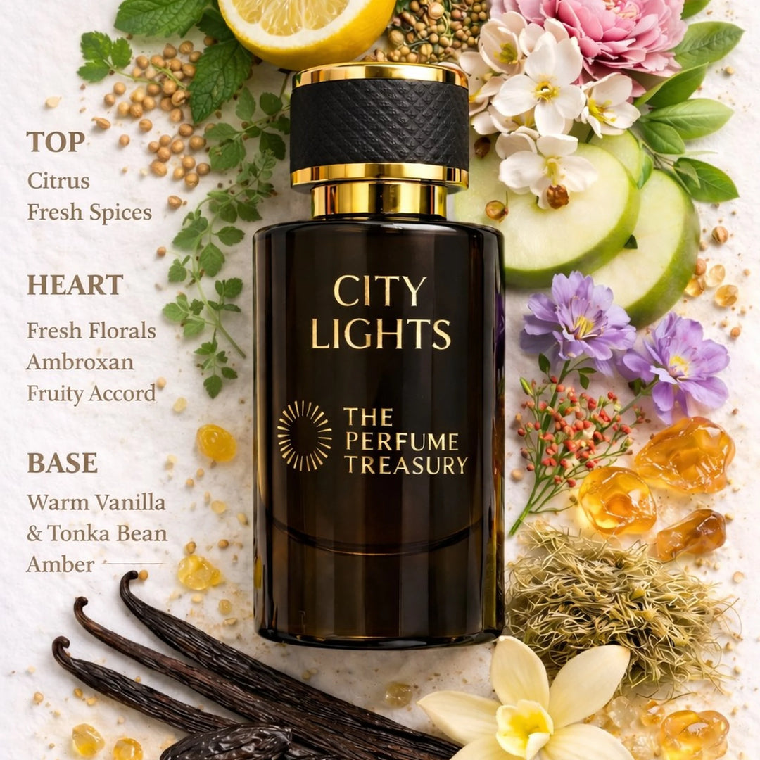 City Lights parfum spray fragrance notes by The Perfume Treasury showing citrus, fresh spices, florals, ambroxan, fruity accords, vanilla, tonka bean and amber ingredients