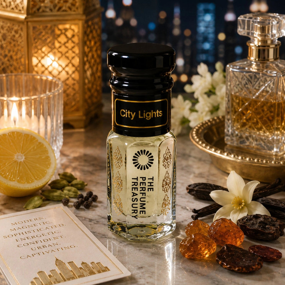 City Lights luxury perfume oil by The Perfume Treasury styled in an elegant urban-inspired lifestyle scene with citrus, vanilla, florals and warm amber accents beside glowing lanterns and luxury fragrance décor.