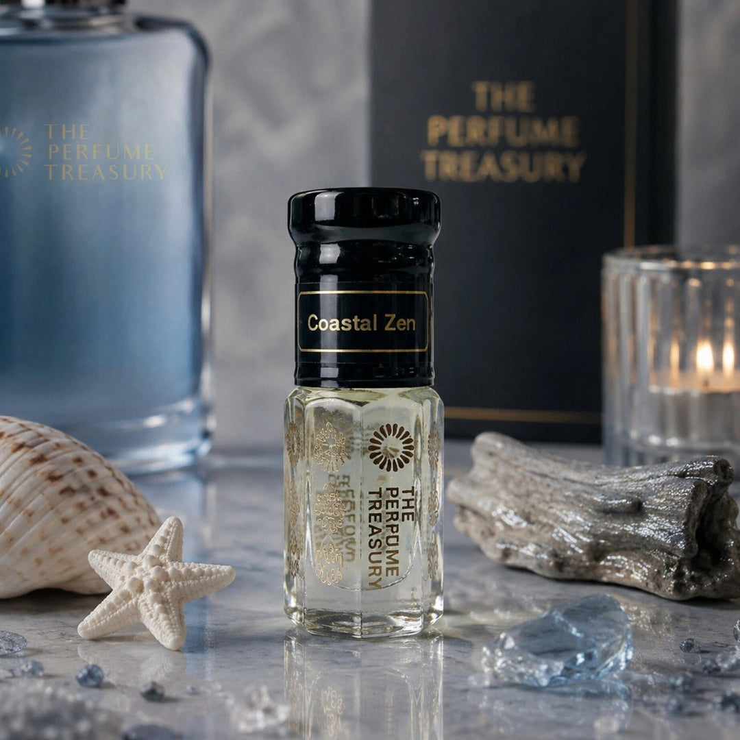 Coastal Zen perfume oil bottle surrounded by seashells, driftwood and ocean-inspired luxury fragrance styling with calming coastal aesthetic.