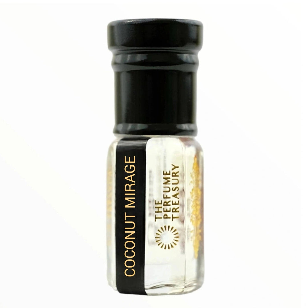 Coconut Mirage luxury perfume oil bottle by The Perfume Treasury with elegant black and gold detailing on clean minimalist background