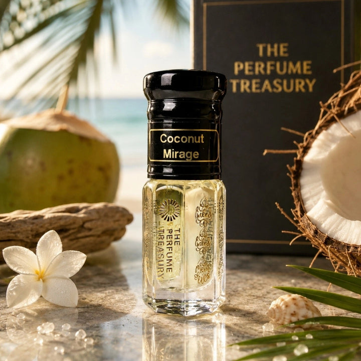 Coconut Mirage perfume oil bottle displayed with fresh coconut, tropical florals and beach-inspired luxury fragrance styling by The Perfume Treasury.