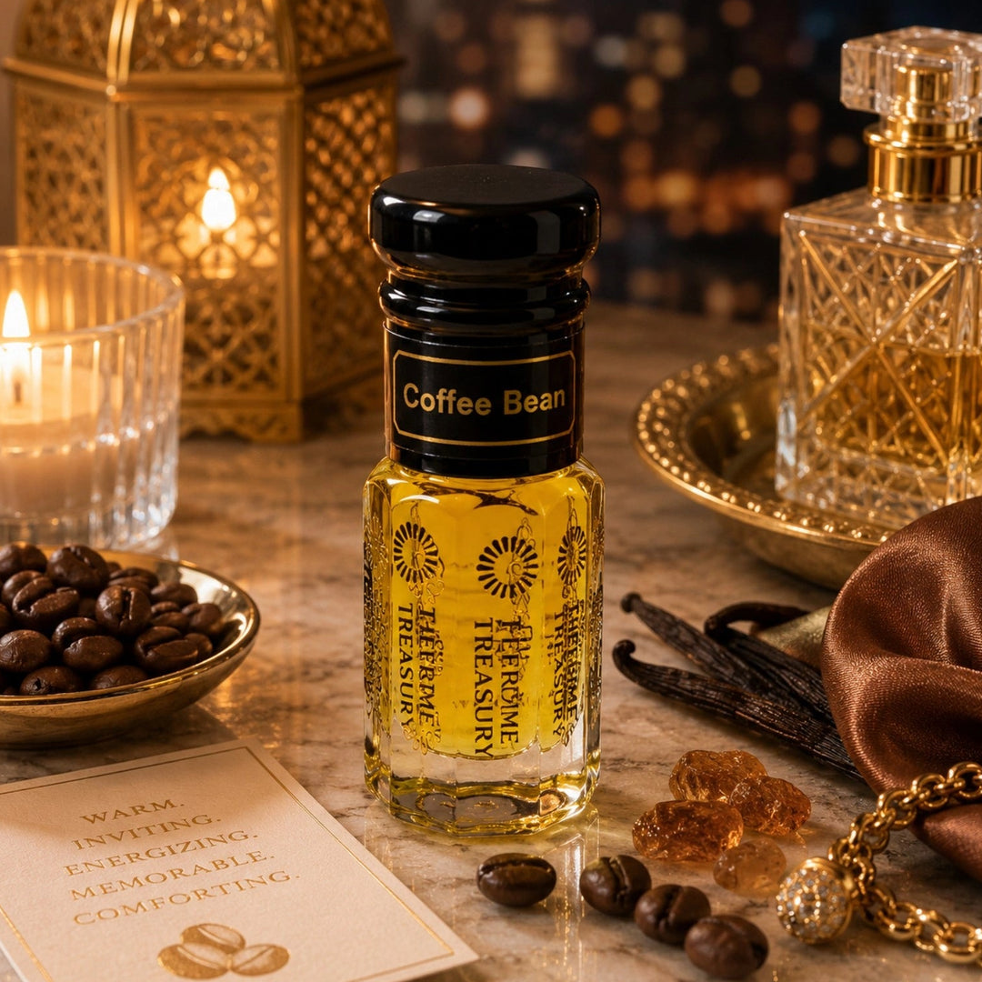 Coffee Bean luxury perfume oil by The Perfume Treasury styled in a warm gourmand lifestyle setting with roasted coffee beans, vanilla pods, glowing candlelight and rich amber fragrance