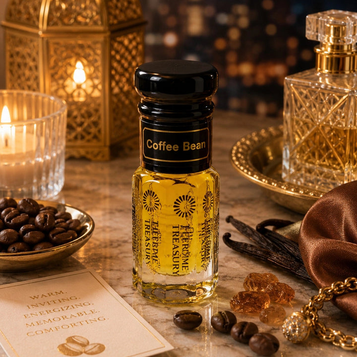 Coffee Bean luxury perfume oil by The Perfume Treasury styled in a warm gourmand lifestyle setting with roasted coffee beans, vanilla pods, glowing candlelight and rich amber fragrance
