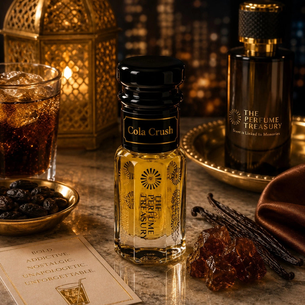 Cola Crush perfume oil inspired by Mancera Tonka Cola, displayed with cola, vanilla and amber notes in a warm gourmand fragrance setting.