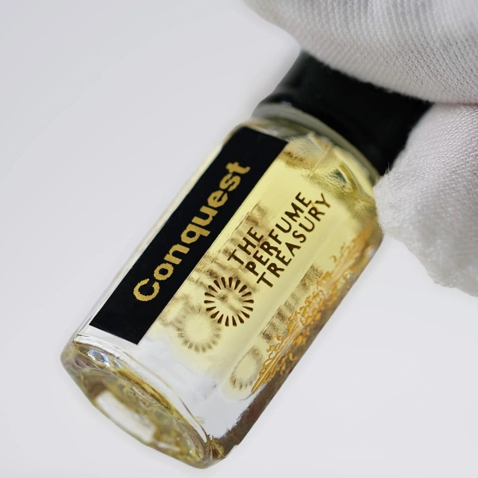 Close-up detail of Conquest perfume oil by The Perfume Treasury, showcasing the premium concentrated fragrance oil and elegant bottle design.