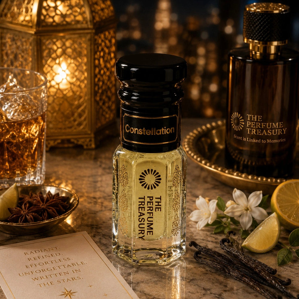 Constellation perfume oil by The Perfume Treasury displayed with citrus slices, white blossoms and vanilla pods on a marble surface with warm ambient lighting.