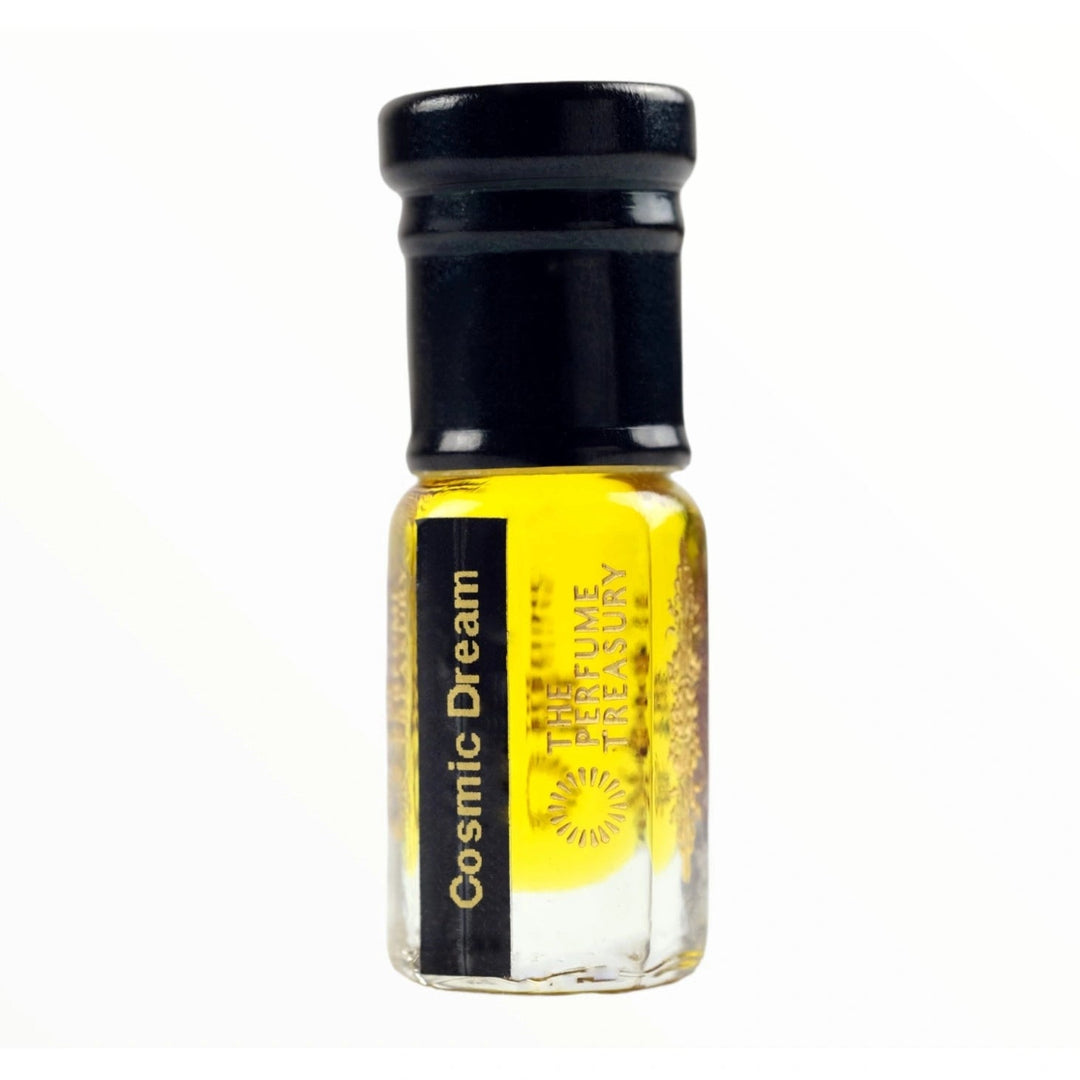Front view of Cosmic Dream perfume oil by The Perfume Treasury, showcasing the concentrated fragrance oil in a premium glass bottle with black cap on a white background.