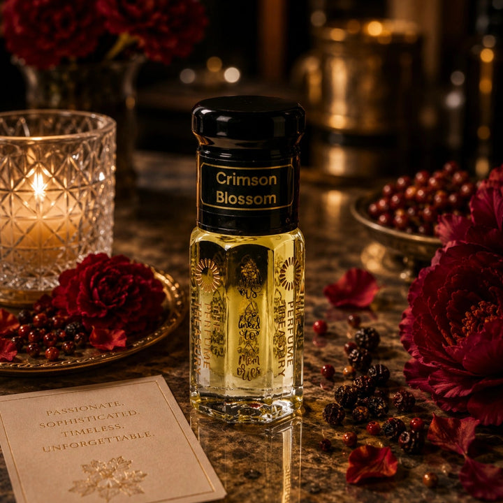Crimson Blossom perfume oil by The Perfume Treasury displayed with deep red flowers, berries, petals and candlelight on a luxury marble surface.