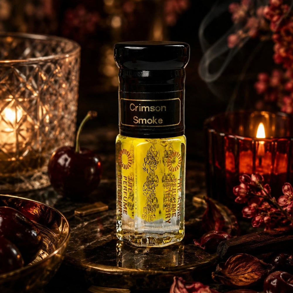 Crimson Smoke perfume oil by The Perfume Treasury displayed among dark cherries, warm candlelight, floral accents and smoky notes in a luxurious evening setting inspired by rich cherry and woods.