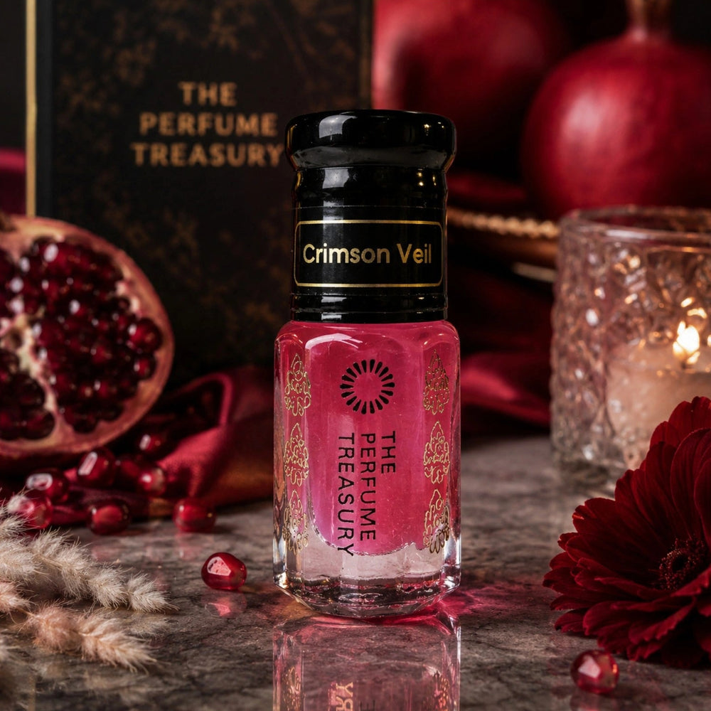 Crimson Veil pink musk tahara perfume oil surrounded by pomegranate, candlelight and deep red floral luxury décor.