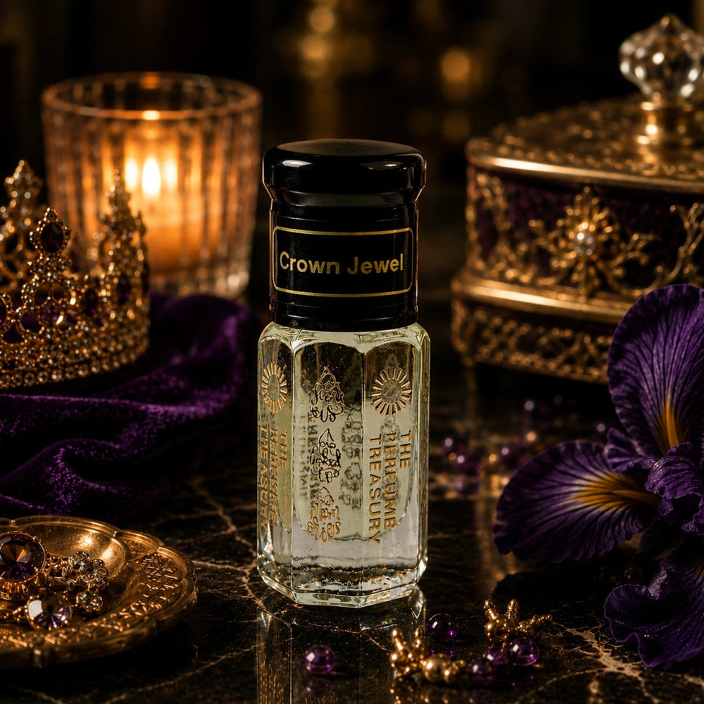 Crown Jewel perfume oil by The Perfume Treasury displayed with royal jewellery, a gold crown, purple velvet accents, candlelight and elegant floral details in a luxurious regal setting.