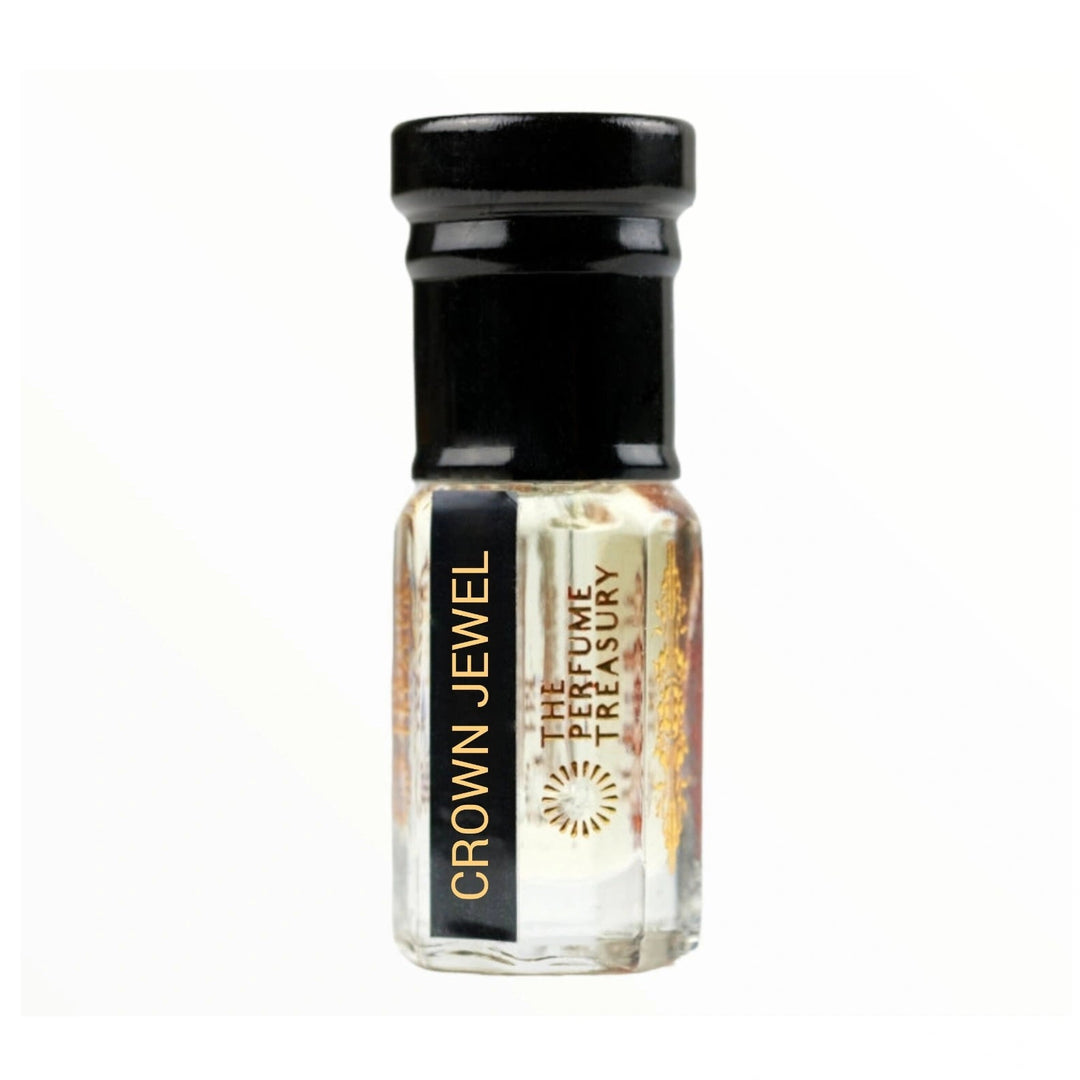 Front view of Crown Jewel perfume oil by The Perfume Treasury, showcasing the concentrated fragrance oil in a premium glass bottle with black cap on a white background.