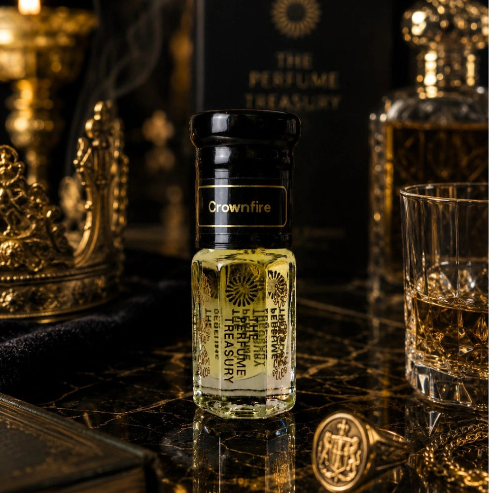 Crownfire perfume oil by The Perfume Treasury displayed with a gold crown, crystal whisky glass, ornate accessories and warm candlelight in a luxurious masculine setting.