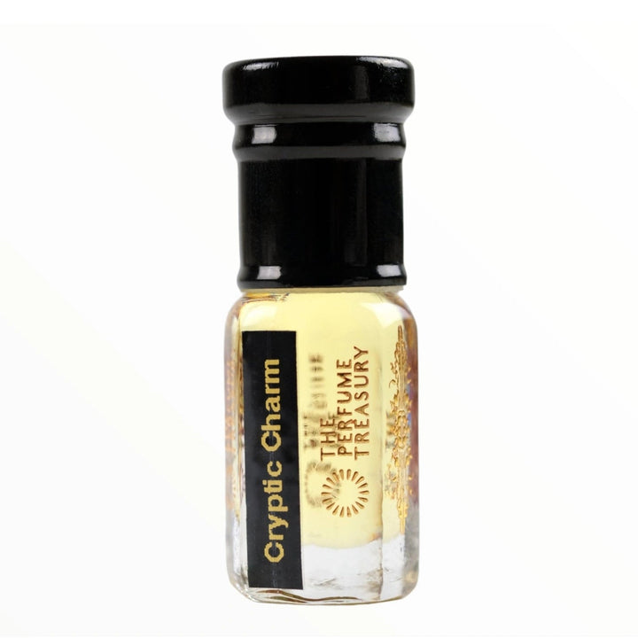 Front view of Cryptic Charm perfume oil by The Perfume Treasury, showcasing the concentrated fragrance oil in a premium glass bottle with black cap on a white background.
