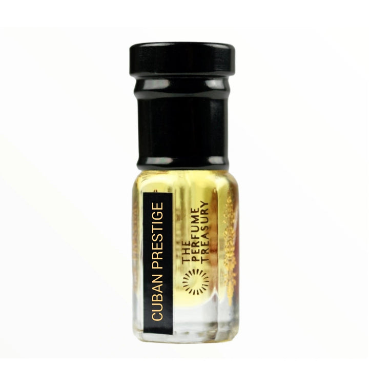 Front view of Cuban Prestige perfume oil by The Perfume Treasury, showcasing the concentrated fragrance oil in a premium glass bottle with black cap on a white background.