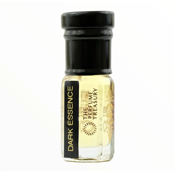 Dark Essence perfume oil by The Perfume Treasury in a clear glass roll-on bottle with black cap and gold label, photographed on a clean white background.