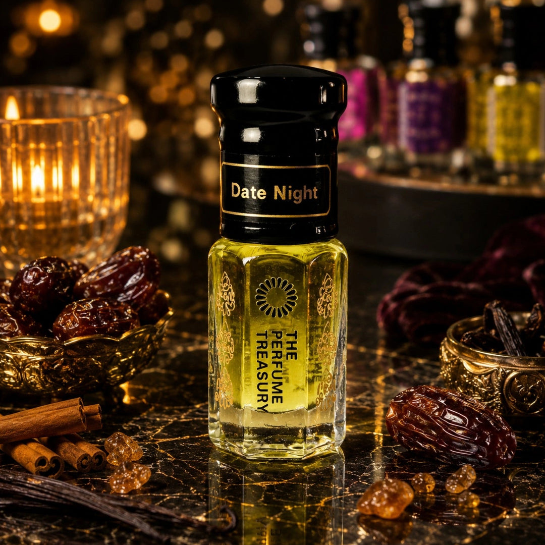 Date Night perfume oil by The Perfume Treasury displayed amongst dates, cinnamon sticks, vanilla pods and warm candlelight, creating a luxurious and romantic evening fragrance atmosphere.