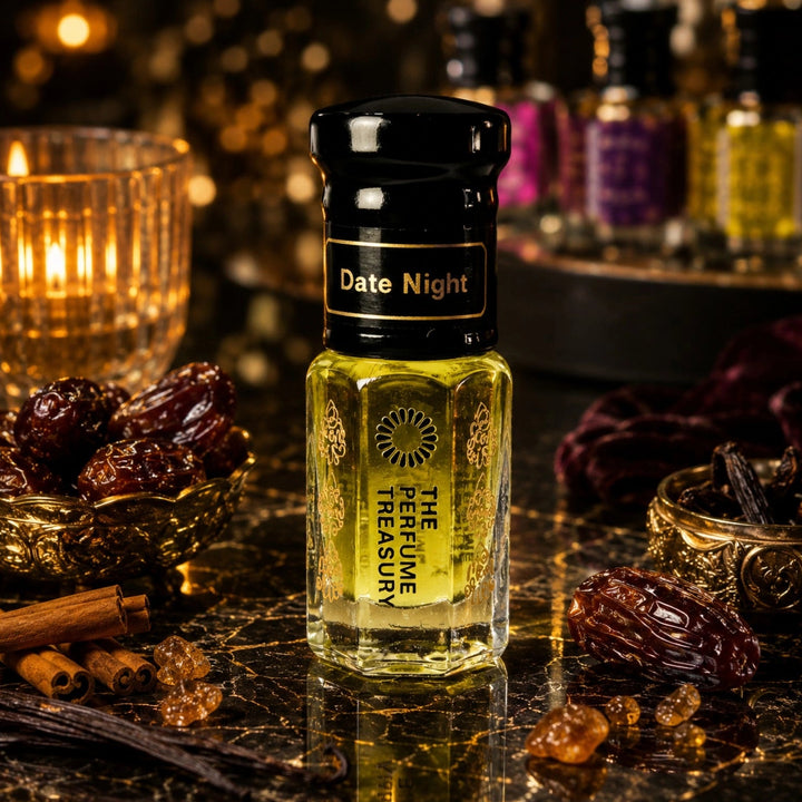 Date Night perfume oil by The Perfume Treasury displayed amongst dates, cinnamon sticks, vanilla pods and warm candlelight, creating a luxurious and romantic evening fragrance atmosphere.