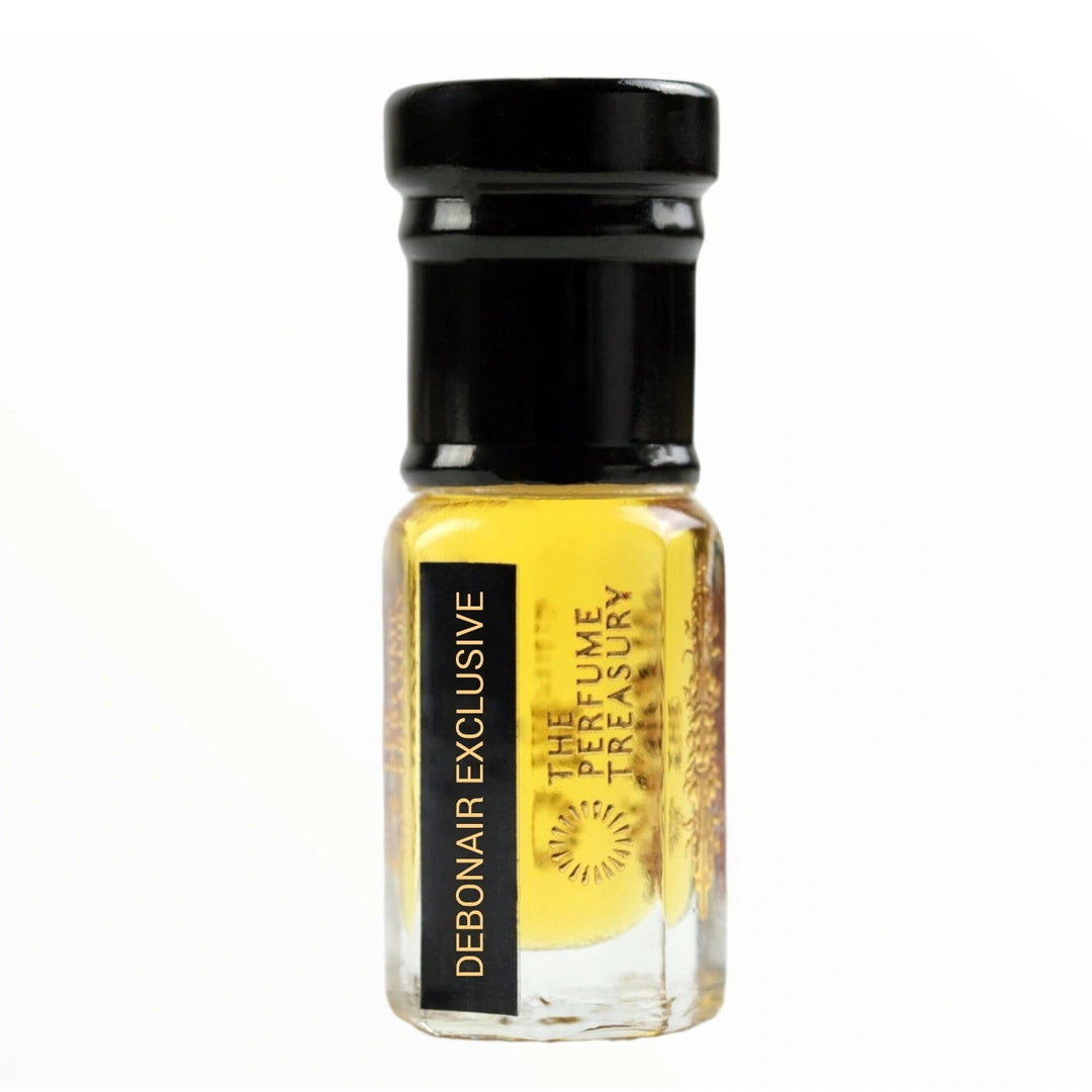 Debonair Exclusive attar perfume oil bottle by The Perfume Treasury photographed against a white background highlighting the luxury black and gold bottle design.