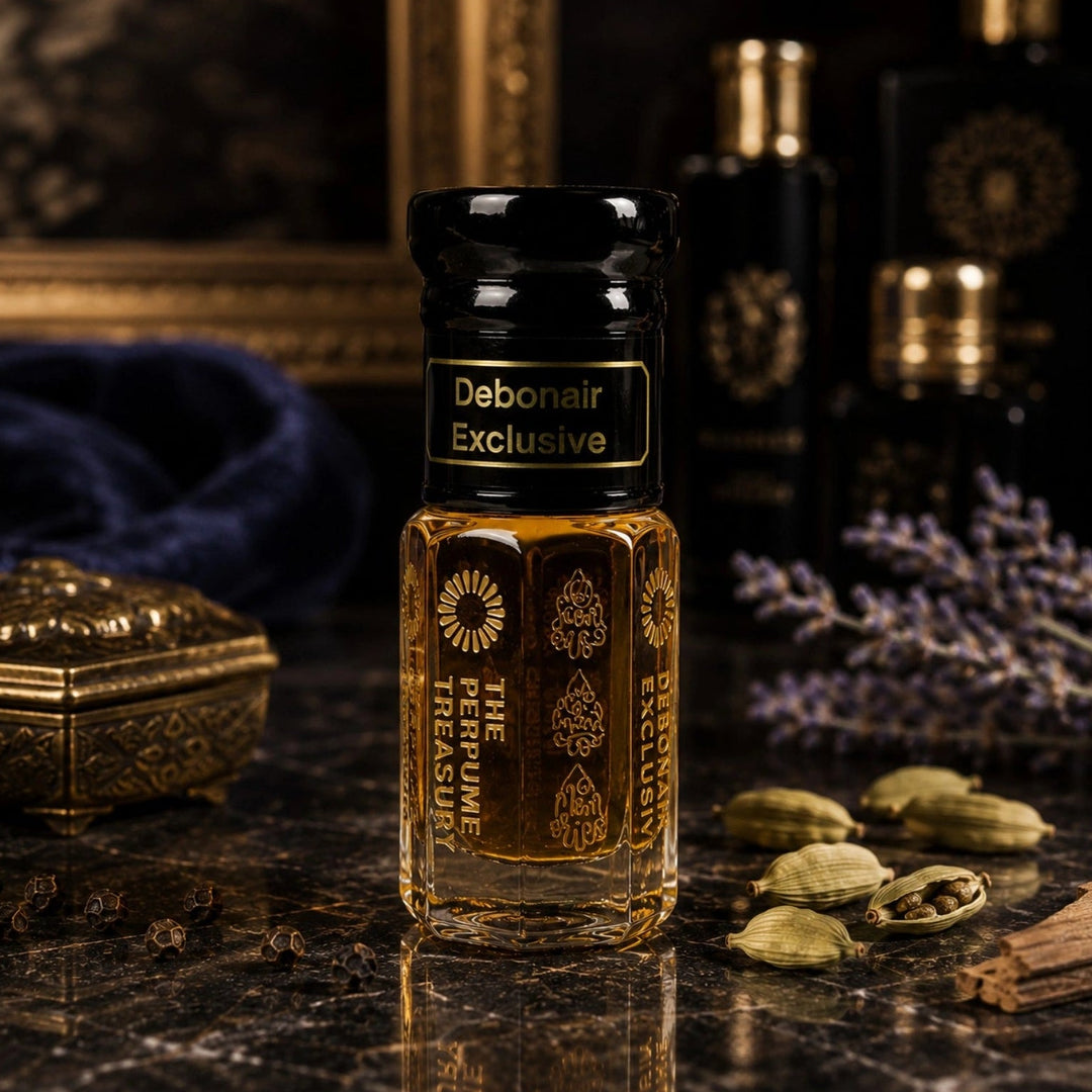 Debonair Exclusive attar perfume oil by The Perfume Treasury showcased in an elegant luxury setting featuring cardamom, spices, lavender and rich oriental accents, highlighting the fragrance&