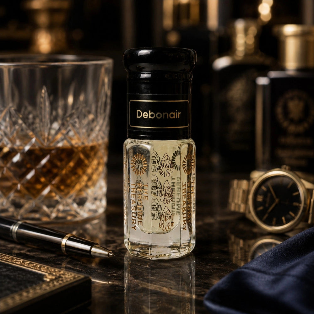 Debonair perfume oil by The Perfume Treasury displayed alongside a crystal whisky glass, luxury watch, fountain pen and refined gentleman’s accessories, creating a sophisticated and elegant atmosphere.