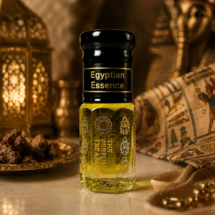 Elegant Egyptian-inspired fragrance setup featuring Egyptian Essence perfume oil surrounded by warm lantern lighting, golden décor, papyrus-style fabric and ornate luxury accents.