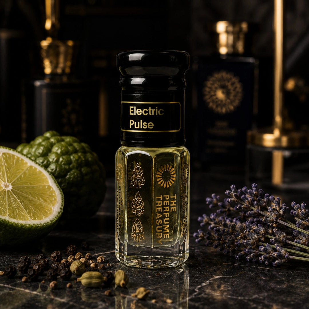 Electric Pulse alcohol-free attar perfume oil by The Perfume Treasury surrounded by bergamot, citrus and lavender in a premium fragrance lifestyle image.
