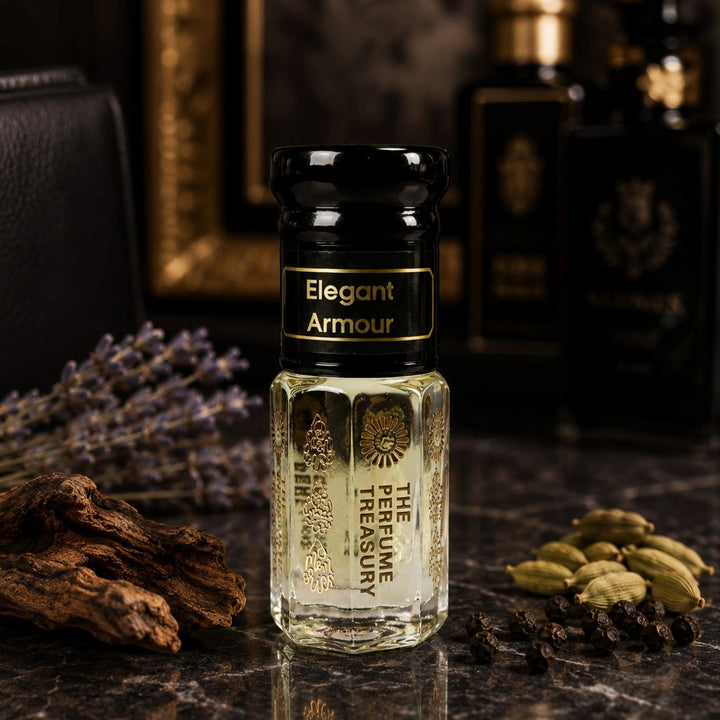 Elegant Armour alcohol-free attar perfume oil by The Perfume Treasury displayed with lavender, cardamom and precious woods in a luxury fragrance lifestyle photograph.
