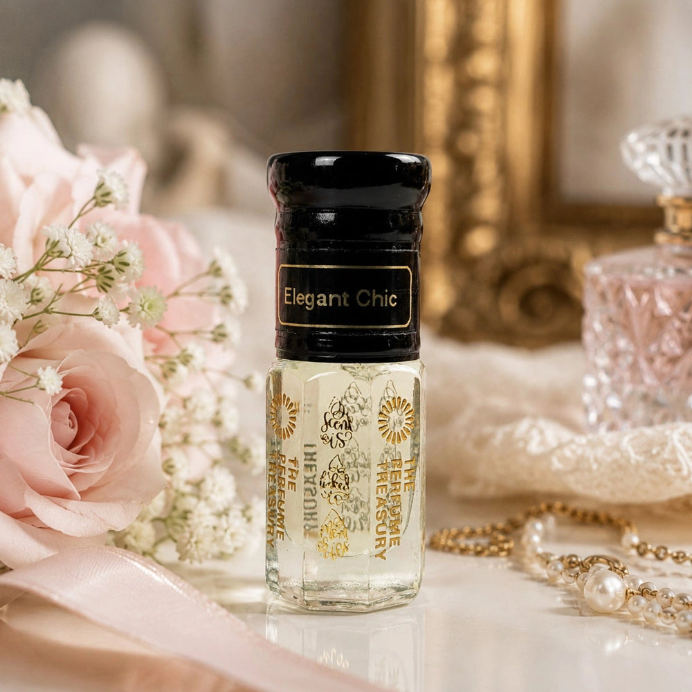 A clear glass perfume bottle with a black cap and gold decorative lettering, labeled 'Elegant Chic' and 'Rose Gold', styled on a white surface with pink roses, lace, and gold jewelry in a soft, warm setting.