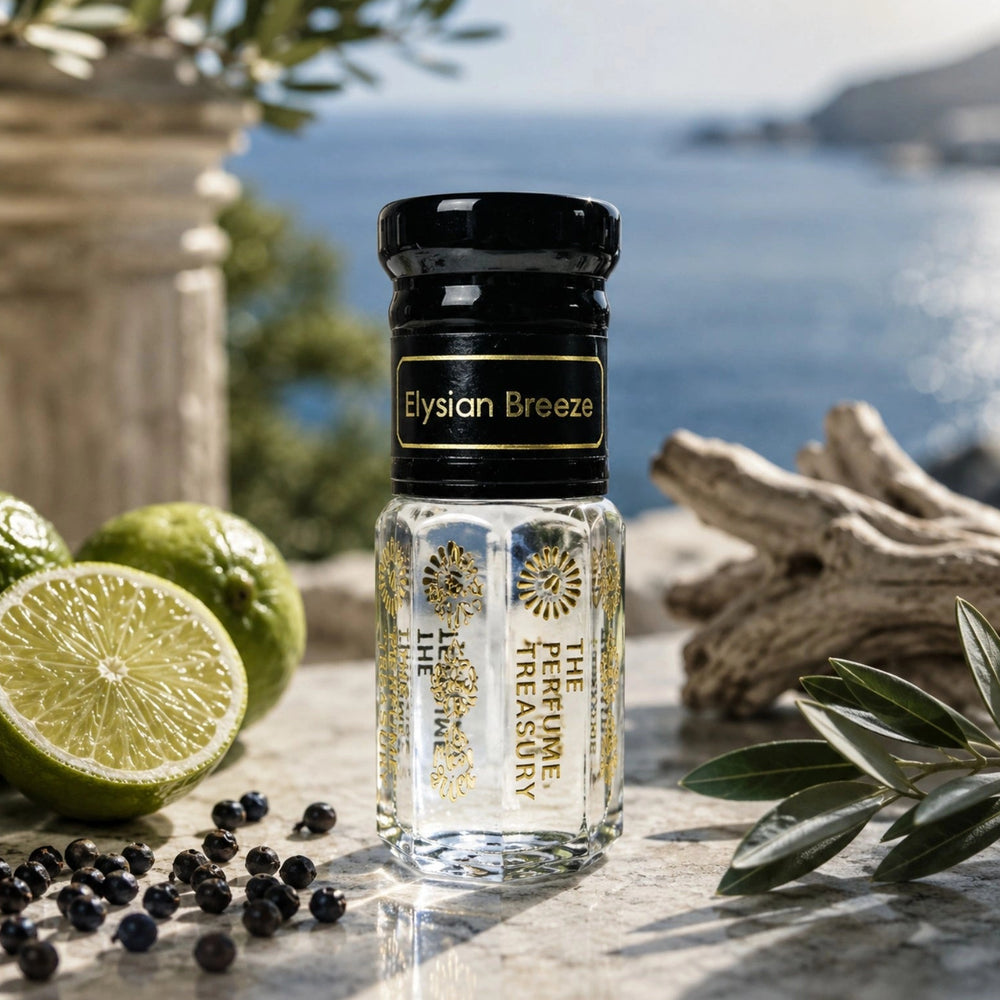 Elysian Breeze attar perfume oil by The Perfume Treasury displayed with fresh lime, juniper berries, olive leaves and coastal Mediterranean scenery, reflecting the bright citrus, aromatic and woody profile of the fragrance.