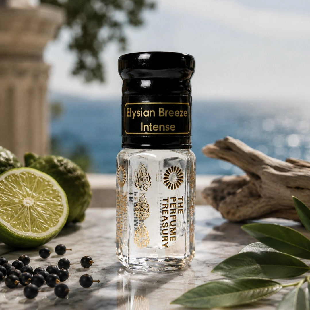 Elysian Breeze Intense attar perfume oil by The Perfume Treasury photographed beside citrus fruits, driftwood and Mediterranean coastal scenery, capturing the fresh citrus, aromatic and woody character of the fragrance.