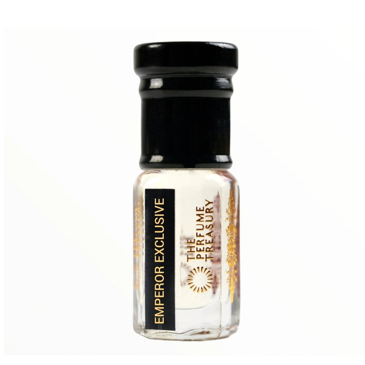 Emperor Exclusive attar perfume oil by The Perfume Treasury displayed in a clear luxury glass bottle with black cap and gold detailing on a white background for ecommerce product presentation.