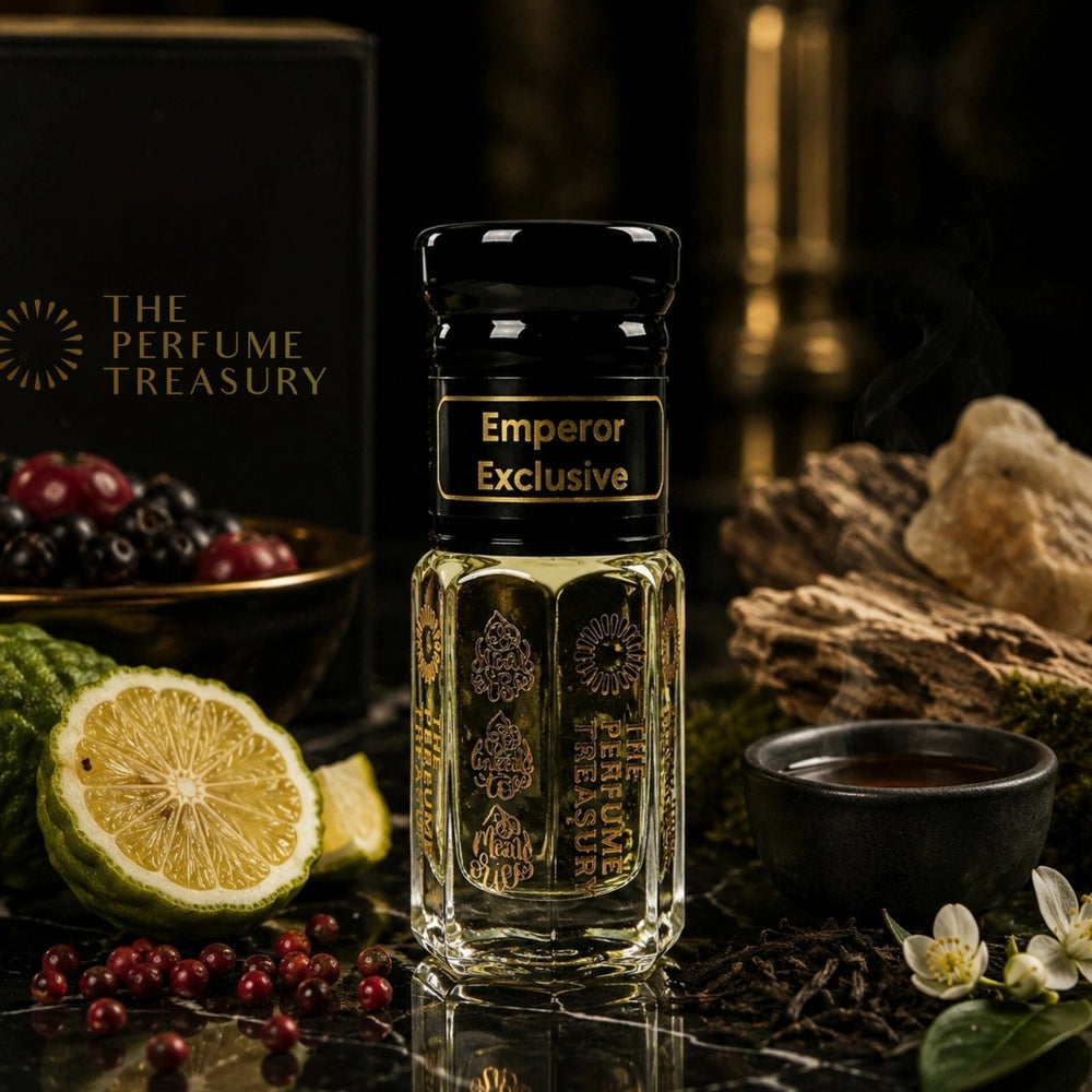 Emperor Exclusive attar perfume oil by The Perfume Treasury surrounded by bergamot, pink pepper, dark berries, tea accords, woods and floral notes in a luxurious black and gold setting, representing a sophisticated woody citrus fragrance oil.