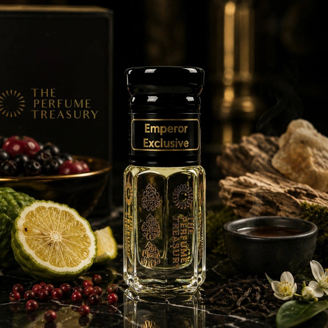 Emperor Exclusive attar perfume oil by The Perfume Treasury surrounded by bergamot, pink pepper, dark berries, tea accords, woods and floral notes in a luxurious black and gold setting, representing a sophisticated woody citrus fragrance oil.
