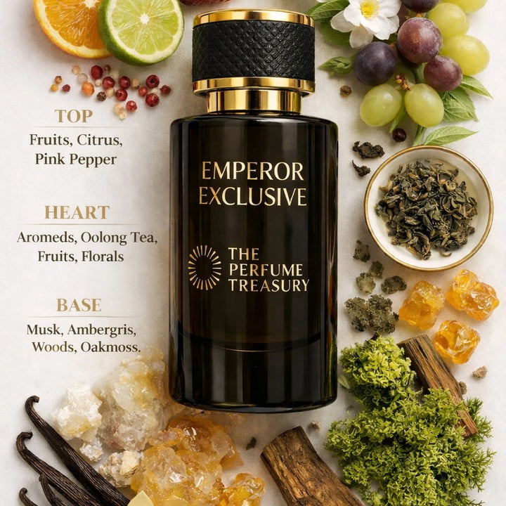 Fragrance notes presentation for Emperor Exclusive Extrait de Parfum featuring fruits, citrus, pink pepper, aromatic accords, oolong tea, florals, musk, ambergris, woods and oakmoss notes.