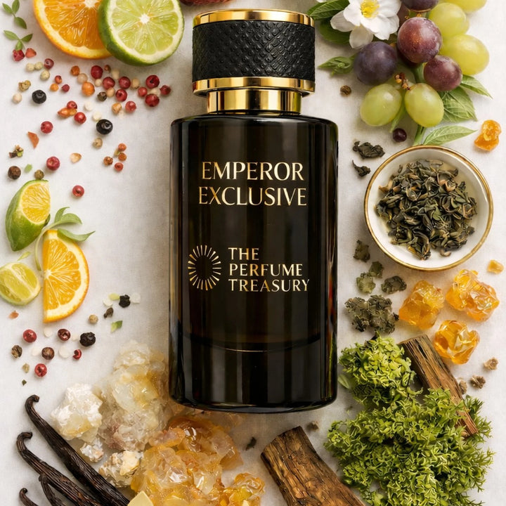 Emperor Exclusive Extrait de Parfum bottle displayed with citrus fruits, grapes, pink pepper, oolong tea leaves, amber resin, oakmoss and precious woods in a refined fresh woody fragrance composition.