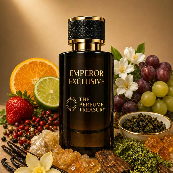 Emperor Exclusive Extrait de Parfum by The Perfume Treasury surrounded by citrus fruits, grapes, florals, vanilla and precious woods, representing a refined fruity woody luxury fragrance.