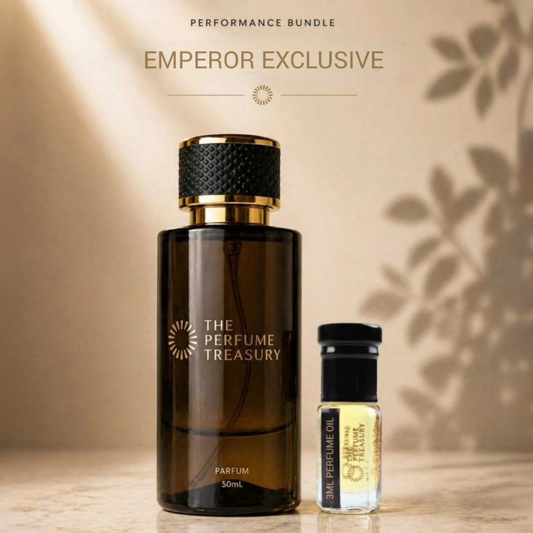 Emperor Exclusive Performance Bundle featuring a 50ml Extrait de Parfum spray and coordinating 3ml perfume oil for luxurious all-day fragrance performance.