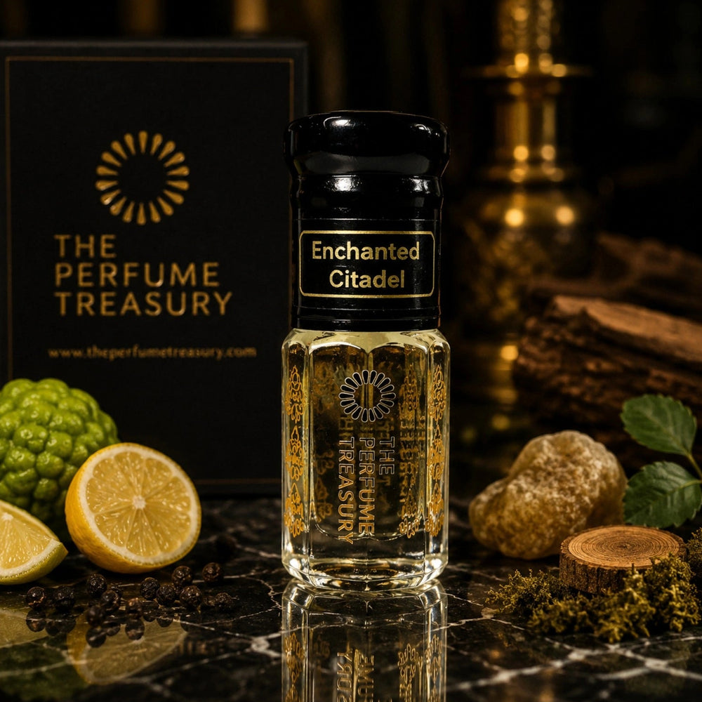 Enchanted Citadel attar perfume oil by The Perfume Treasury displayed amongst citrus fruits, black pepper, moss, woods and earthy elements in a luxurious black and gold setting, reflecting the fragrance's fresh citrus, woody and aromatic character.