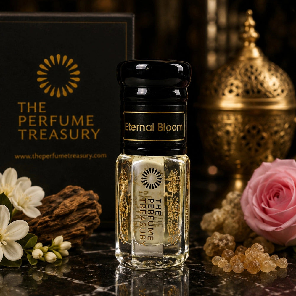 Eternal Bloom attar perfume oil by The Perfume Treasury displayed amongst rose petals, white florals, precious woods and resinous accents in an elegant black and gold setting, reflecting the fragrance's luxurious floral and oriental character.