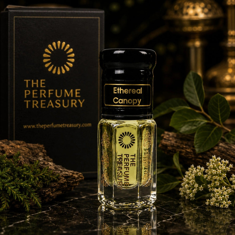 Ethereal Canopy attar perfume oil by The Perfume Treasury displayed amongst green foliage, woods and delicate white blossoms in a luxurious black and gold setting, reflecting the fragrance's fresh woody and aromatic character.
