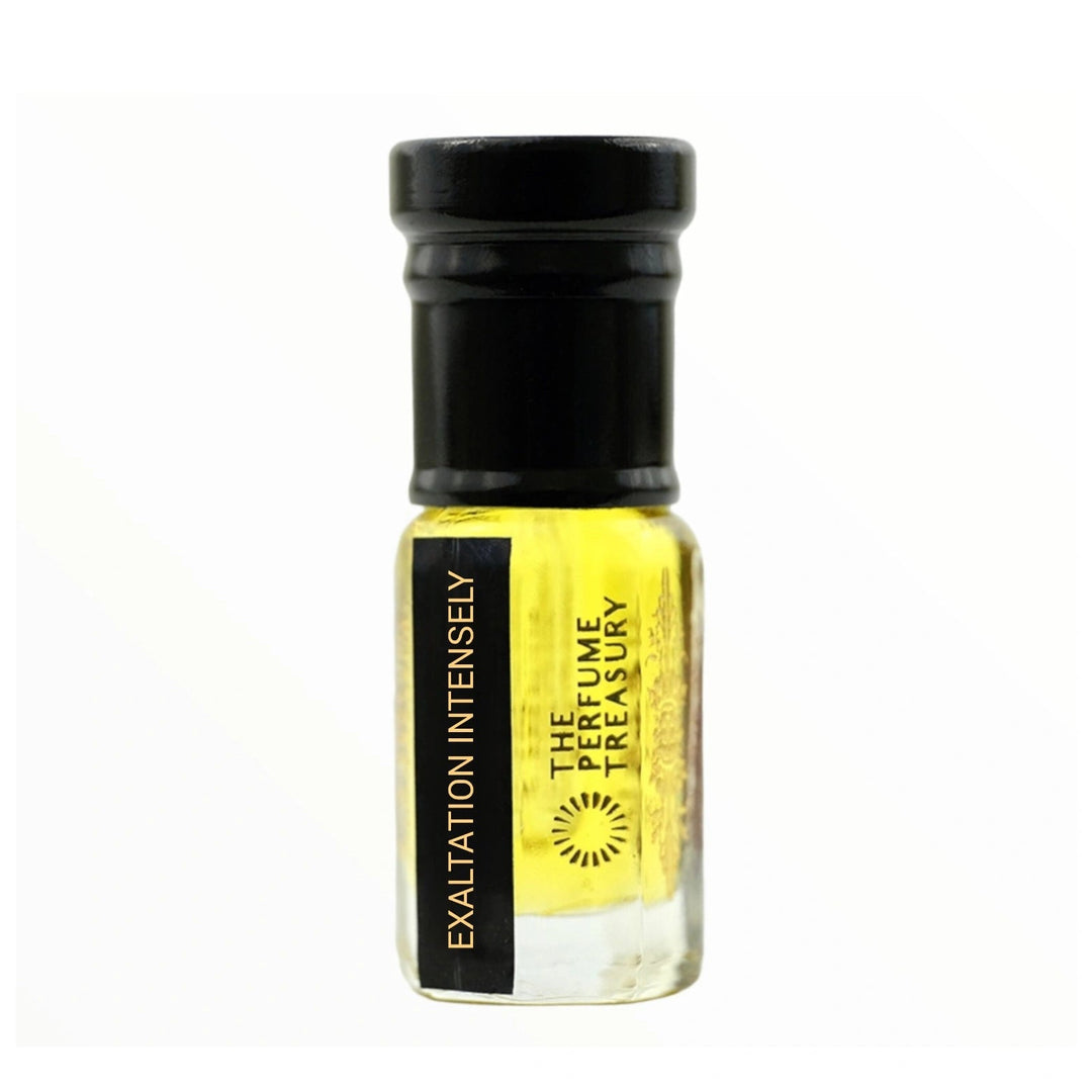Exaltation Intensely attar perfume oil by The Perfume Treasury displayed in a premium clear glass bottle with black cap and vibrant golden fragrance oil on a clean white background for ecommerce product photography.